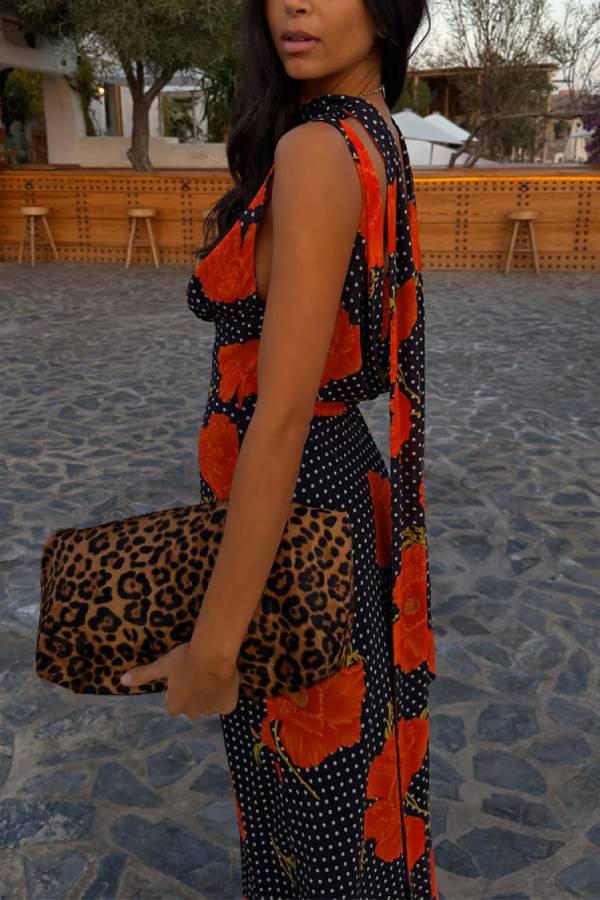 Vintage Print Cowl Neck Sleeveless Maxi Dress