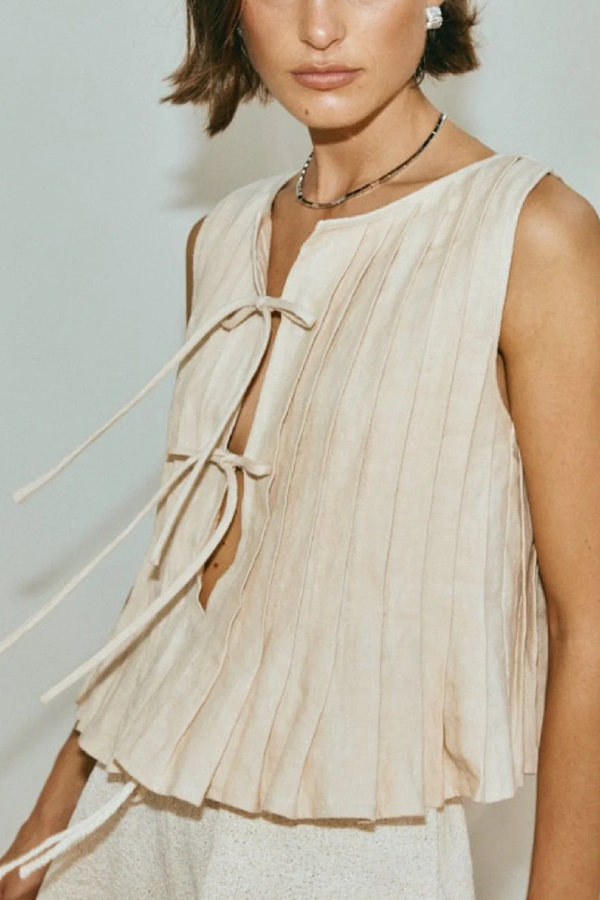 Cotton and Linen Sleeveless Strappy Women's Shirt Long Skirt High Street Beige