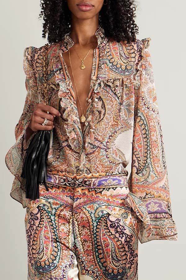 Feeling Dreamy Paisley Print Ruffle Jacquard Bell Sleeve Loose Blouse