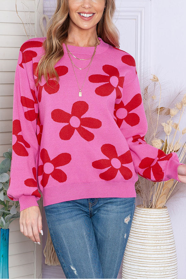 Floral Print Knitted Long Sleeve Pullover Sweater Pink