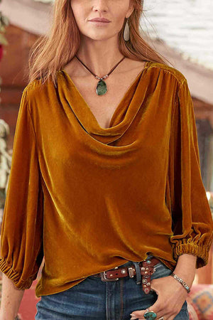 Solid gold velvet stacked collar pleated T-shirt Orange