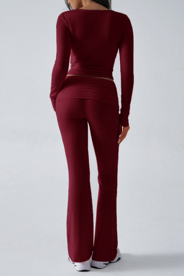 Women's Solid Color Simple Long Sleeve V-Neck Top And Trousers Knit Two-Piece Set