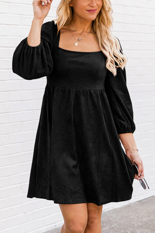 Washed Square Neck High Waist Flared Short Dress Black