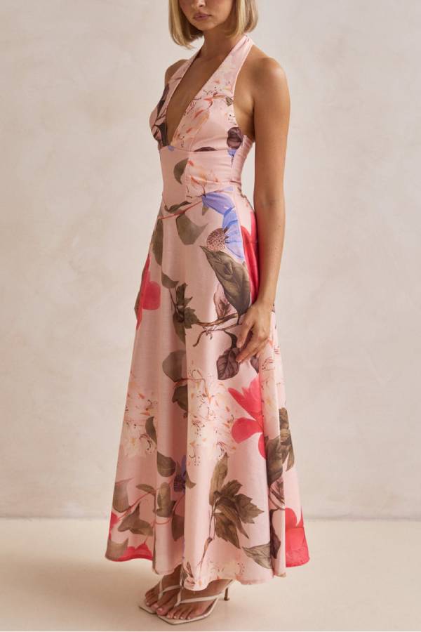 Terez Linen Blend Floral Print Halter Backless Tie-up Maxi Dress