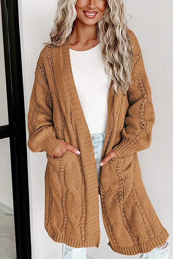 Ribbed Trim Hollow Knit Side Slits Cardigan KHAKI