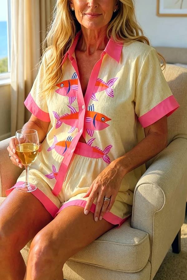 Vivica Linen Blend Unique Print Short Sleeve Blouse and Elastic Waist Pocket Loose Shorts Set