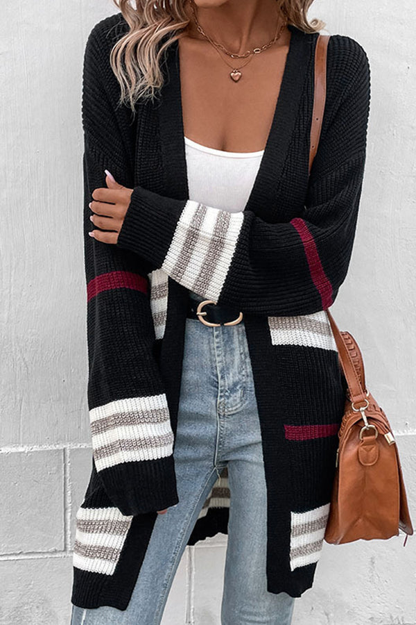 Long Sleeve Colorblock Long Sweater Cardigan Jacket Black