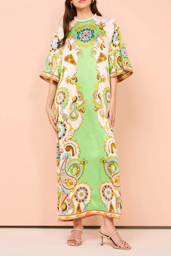 Oil-painted Art Midi Dress with Half Sleeves muiltcolor