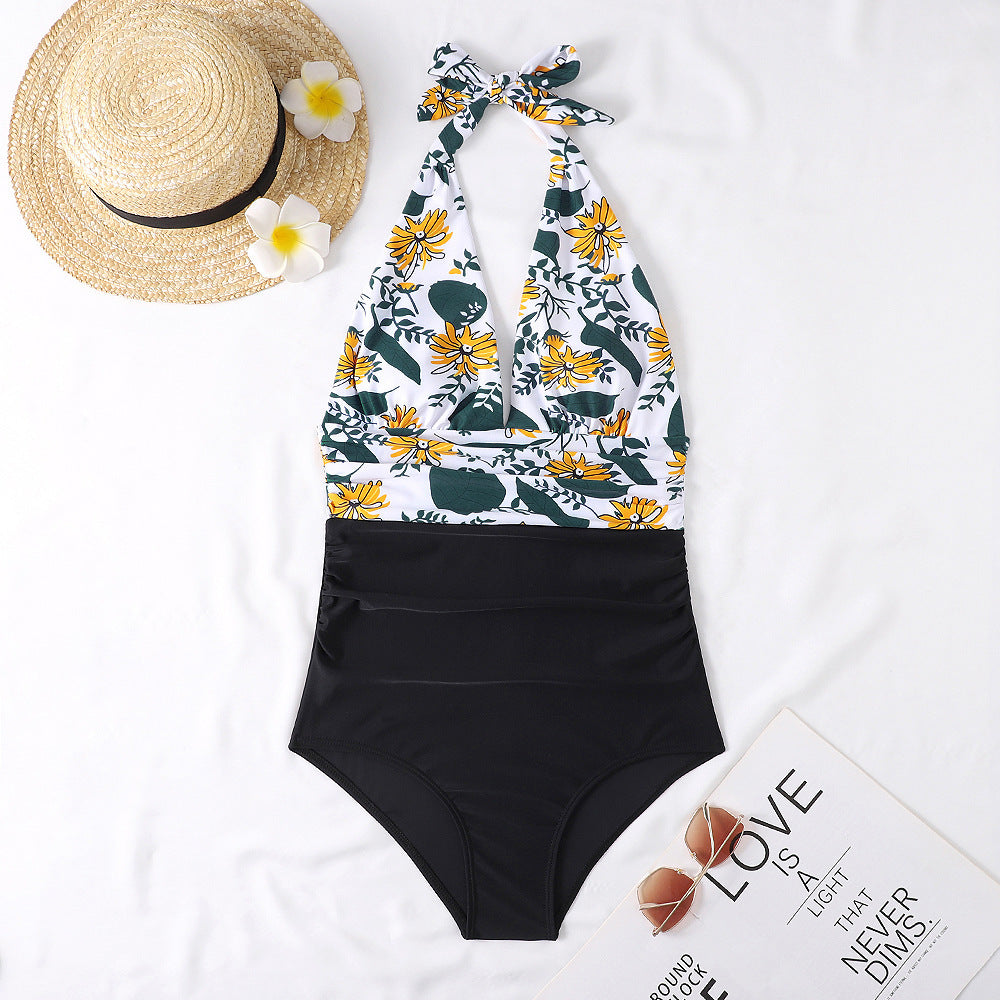 Deep V Open Back Leaf Print One-piece Swimsuit Yellow