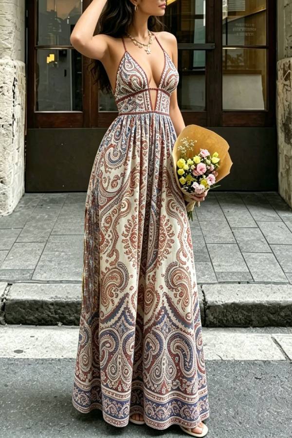 Paisley Print Spaghetti Strap Deep V Cutout Waist Maxi Vacation Dress
