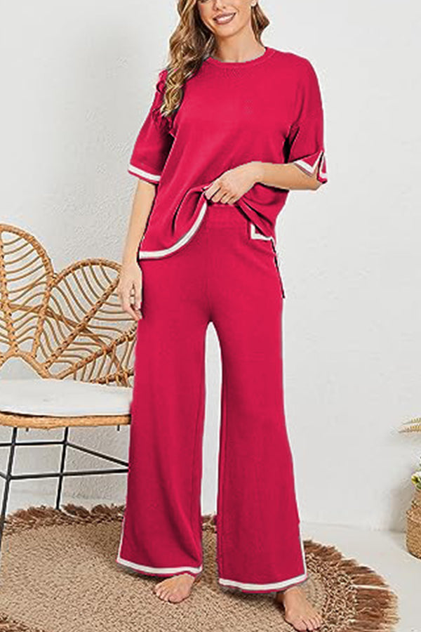 Lounge or Casual Wear Knit Patchwork Color Block Short Sleeve Top and Elastic Wide Leg Pants Rose red