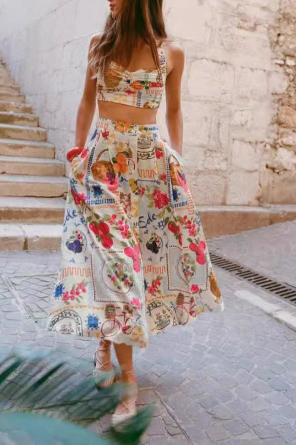 Fashionable casual vest personalized print suspender Midi Dress milky