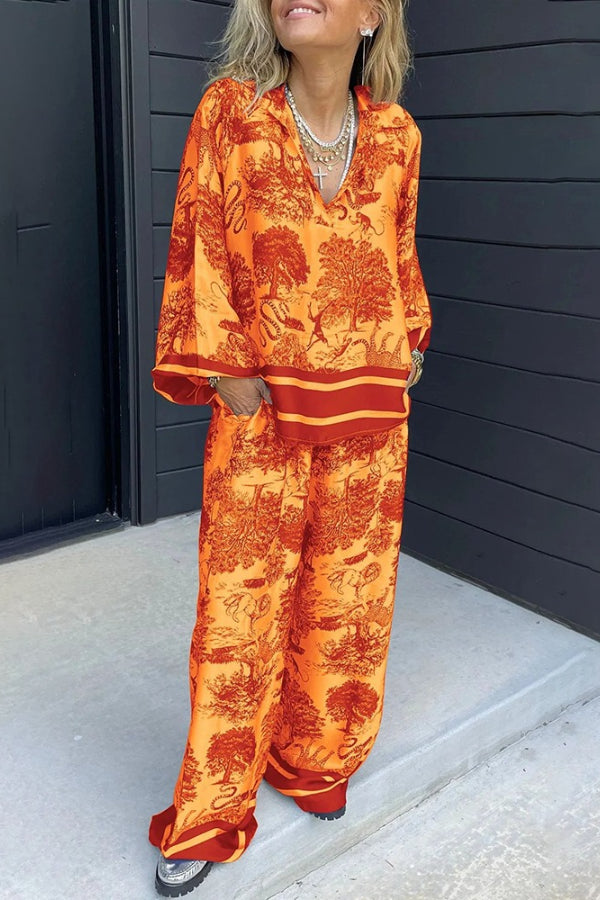 Casual Border Printing Two Pieces Set Orange