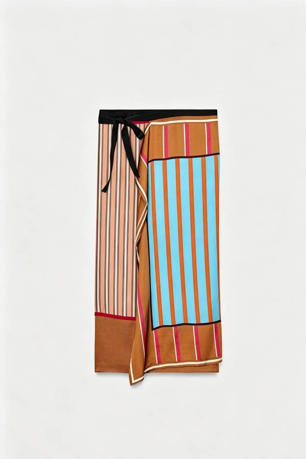 Fun Pairings Satin Colorblock Striped Print Wrap Tie-up Midi Skirt