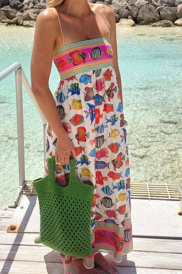 Tropical Fish Print Sling Back Pleated Holiday Maxi Dress