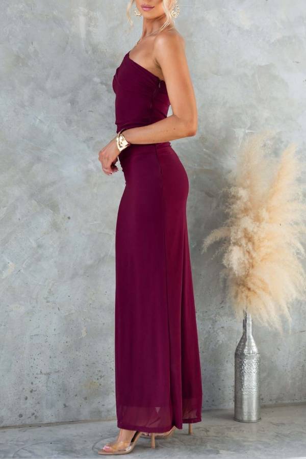 One-Shoulder Printed Mesh Bodycon Mermaid Maxi Dress