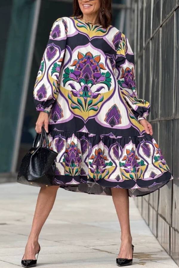Vintage Print Lantern Sleeve Loose Midi Dress