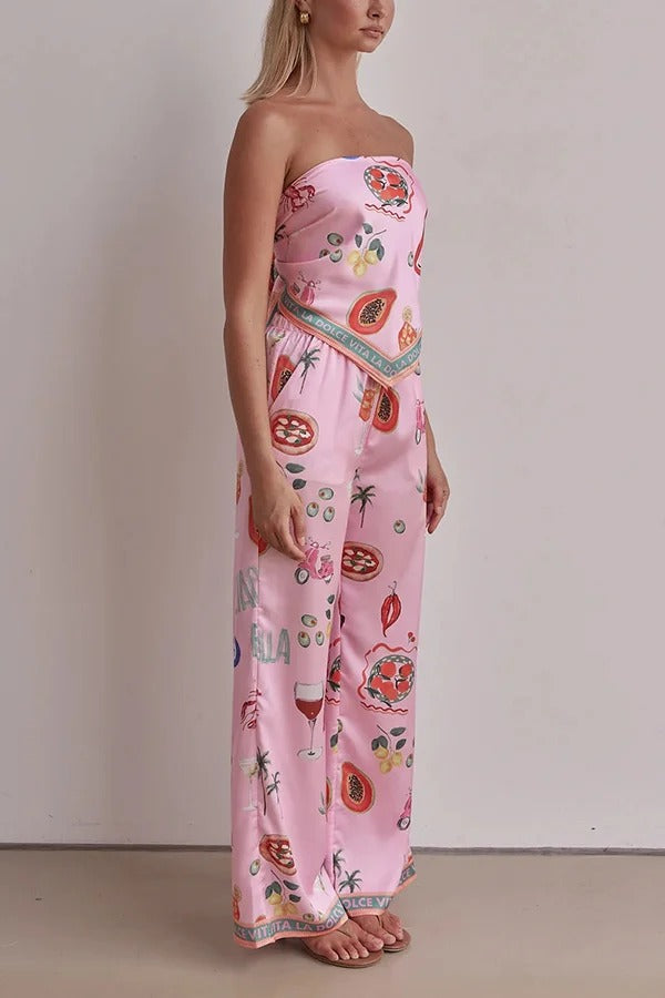 Linen Blend Unique Printed Bandeau Top and Elastic Waist Pocket Pants Set