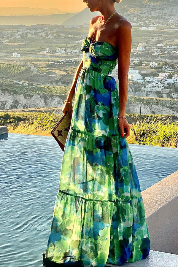 Vacation Colour Palette Floral Twist Bust Off Shoulder Maxi Dress Green