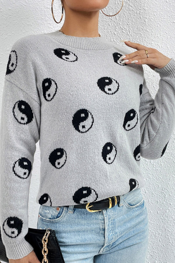 Skull jacquard crew neck pullover knitted sweater Grey
