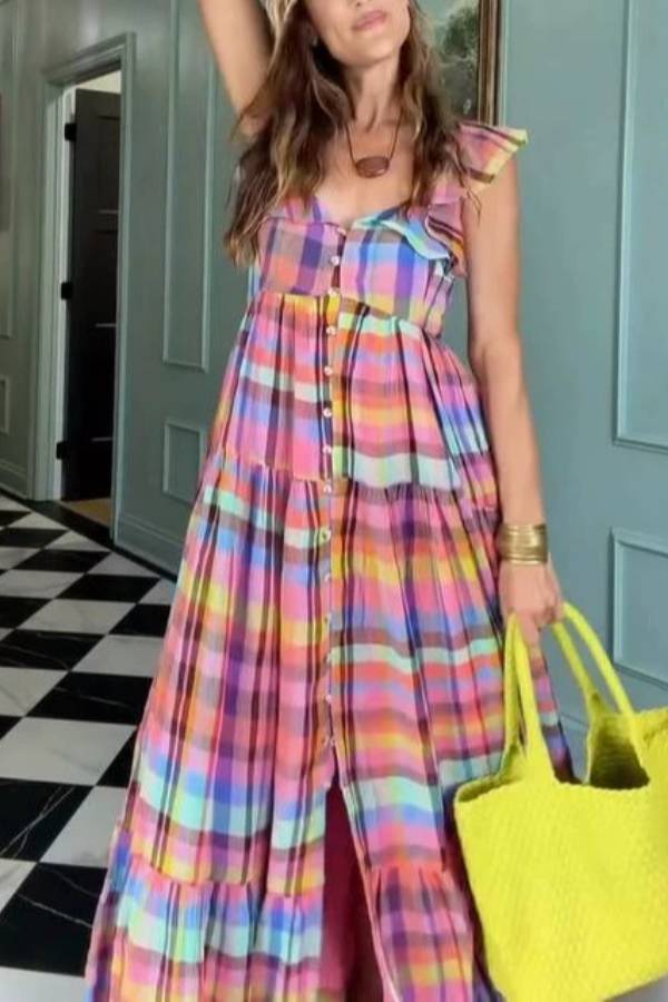 Rainbow Plaid Square-Neck Ruffle Tiered Maxi Dress