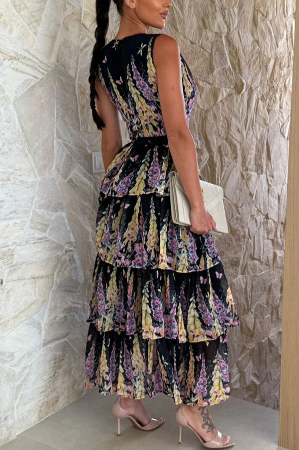 Sunny Views Lavender Print V-neck Tie-up Tiered Maxi Dress