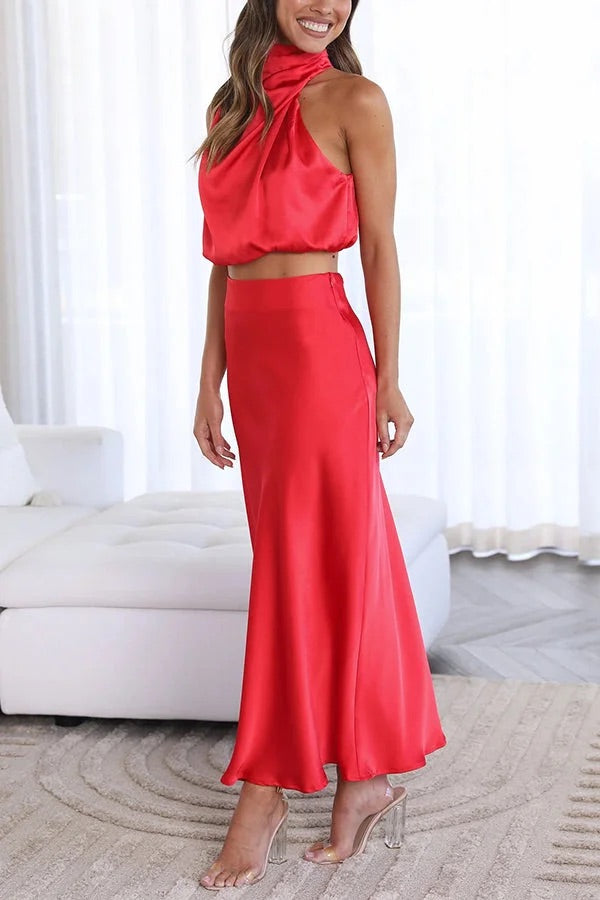 Such A Vibe High Neck Satin Drape Maxi Skirt Set Red