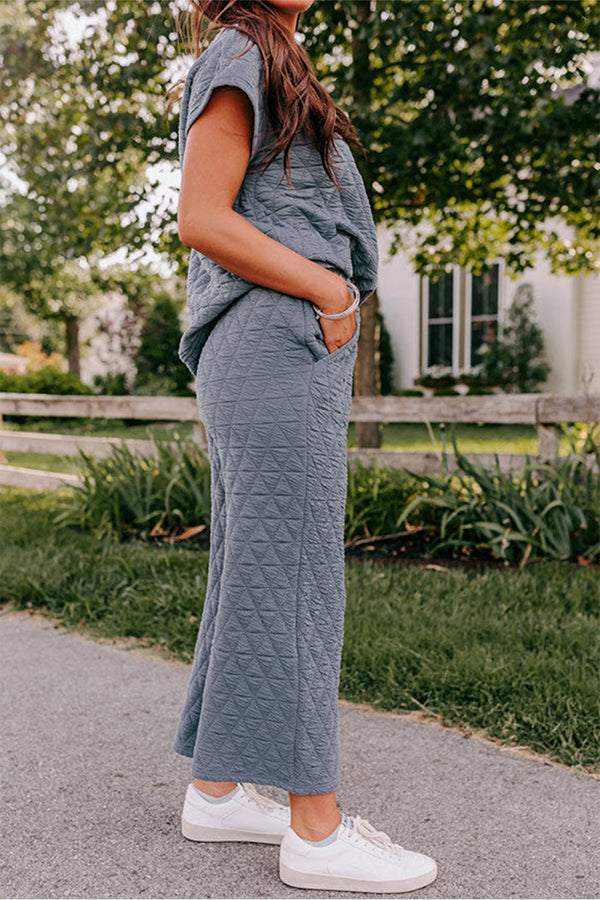 Quilted Textured Short Sleeve Top and Wide Leg Pants Set