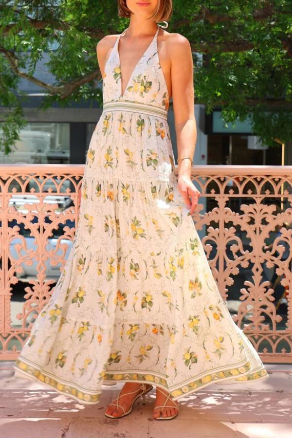 Lemon Print Halter Open Back Tiered Maxi Vacation Dress