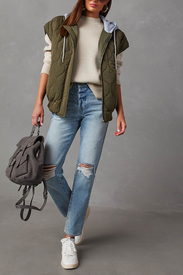 Fall and Forever Zipper Pocket Hooded Quilted Cotton Vest