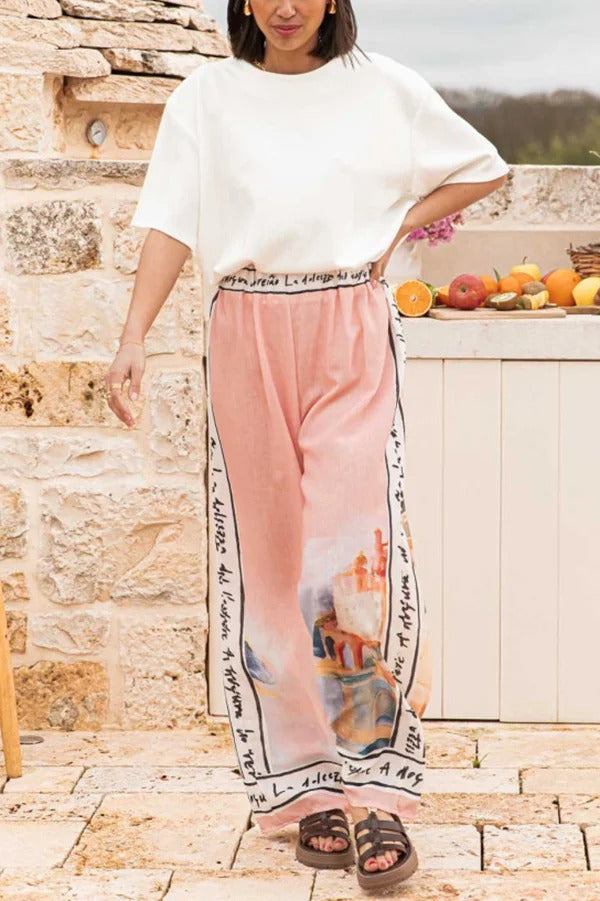 Unique Printed Elastic Waist Vacation Casual Wide Leg Pants Multicolor
