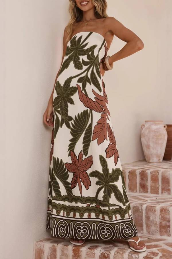 Tropical Leaf Print Strapless Tube Waisted Maxi Dress