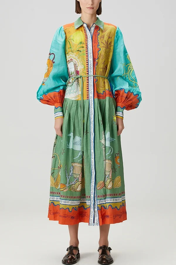 Puts A Smile Unique Print Lapel Lantern Sleeve Waist Tie Midi Dress