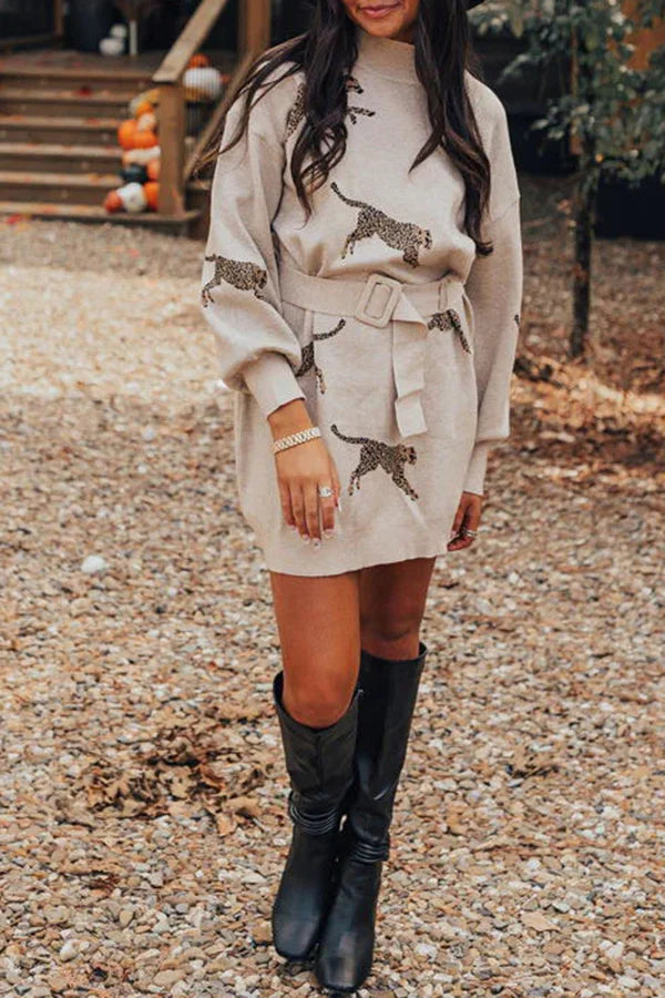 Fiercely in Love Leopard Print Mock Neck Removable Belt Sweatshirt Mini Dress White