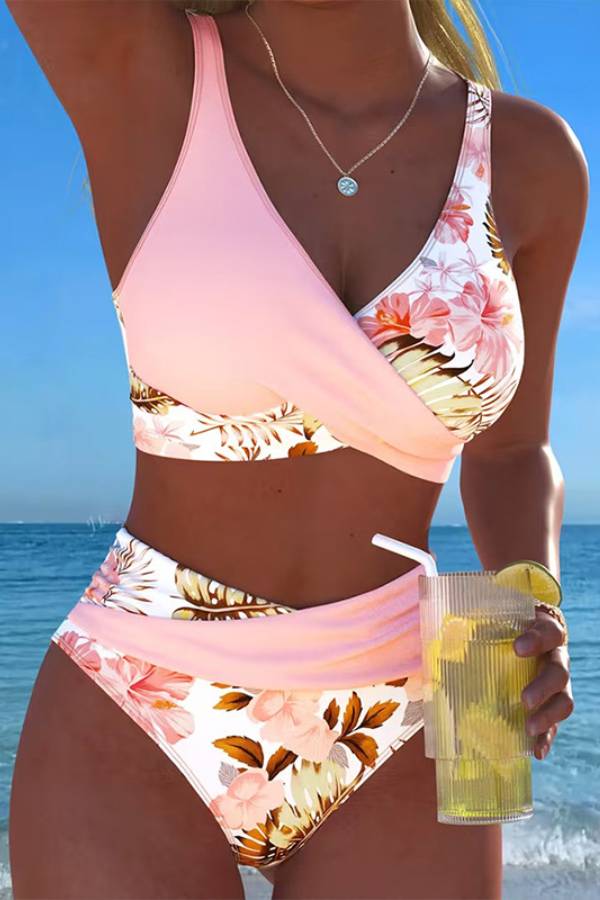 Tropical Floral Print Wrap-Front High-Waisted Bikini Set