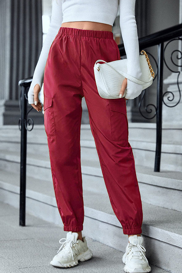 Multicolor Casual Cargo Pants Multi-Pocket Skinny Pants Red