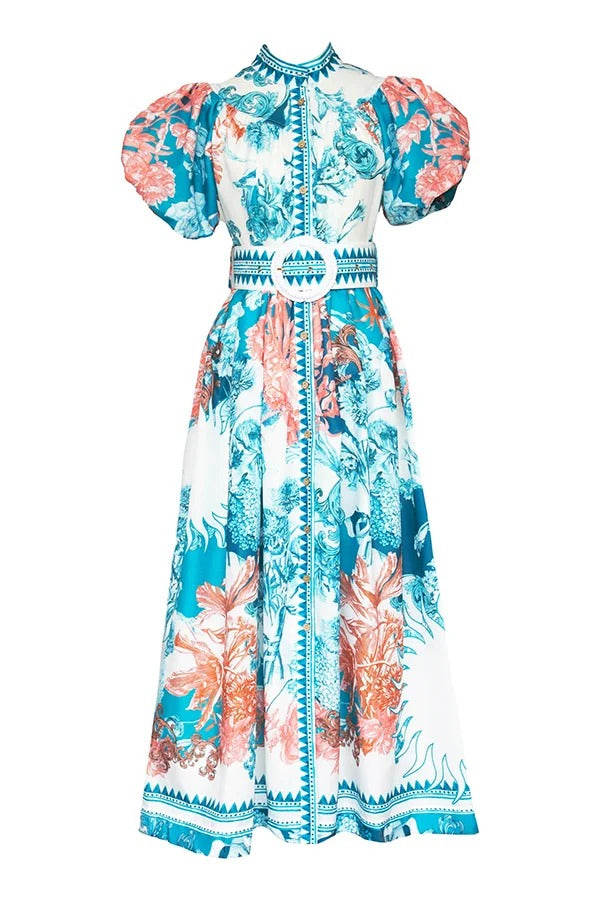Unique Print Puff Sleeve Button Belt Casual Maxi Dress