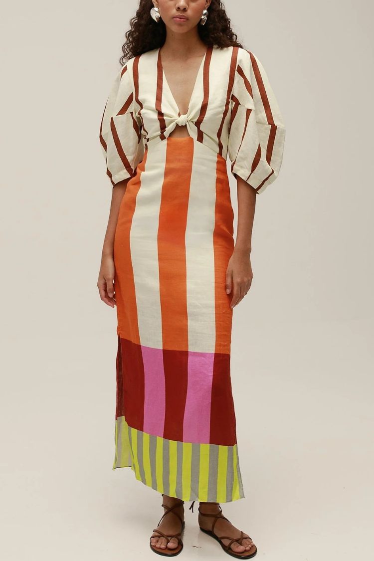 Kaya Linen Blend Color Block Print Front Cutout Knot Puff Sleeve Maxi Dress