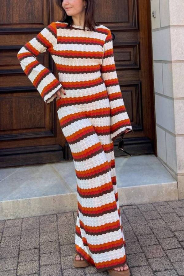 Womens Long Sleeve Crewneck Backless Striped Bodycon Sweater Dress Ribbed Knit Maxi Long Dresses as picture