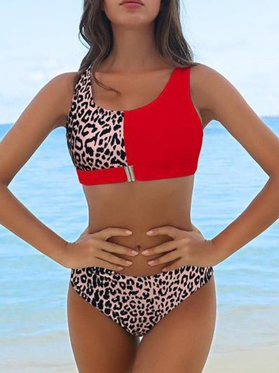 Leopard Floral Patchwork Zipper Bikini Set Red