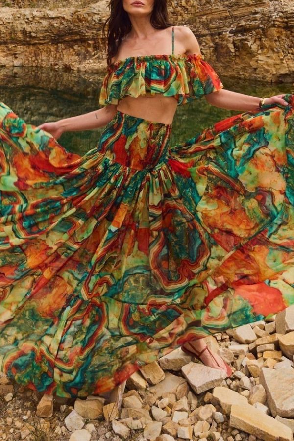Ocean Views Colorful Lava Print Ruffle Crop Tank and Smocked Hidh Rise Maxi Skirt Set