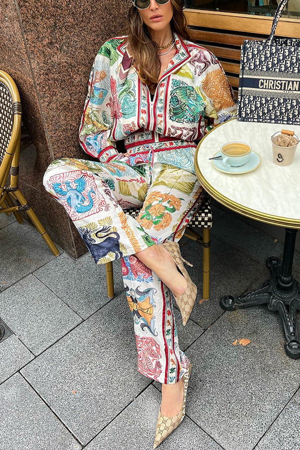 Wond A Land Unique Print Zipper Pocketed Balloon Sleeve Bomber Jacket Multicolor