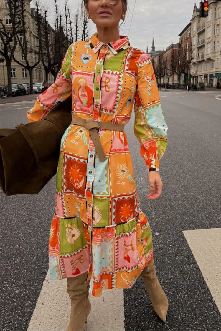Linen Blend Unique Printed Long Sleeve Lapel Tie-waist Midi Dress