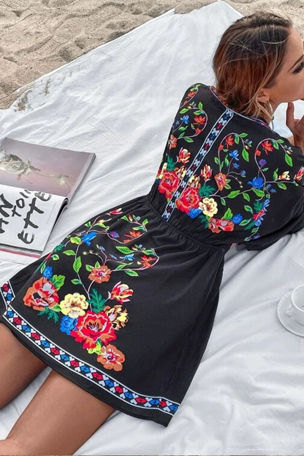 Bohemia Retro Ethnic Style Heavy Industry Print Temperament Slim Waist Slim Short Holiday Dress