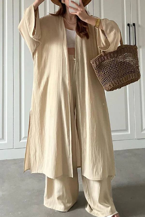Casual Long Cardigan Slit Two-piece Set Beige
