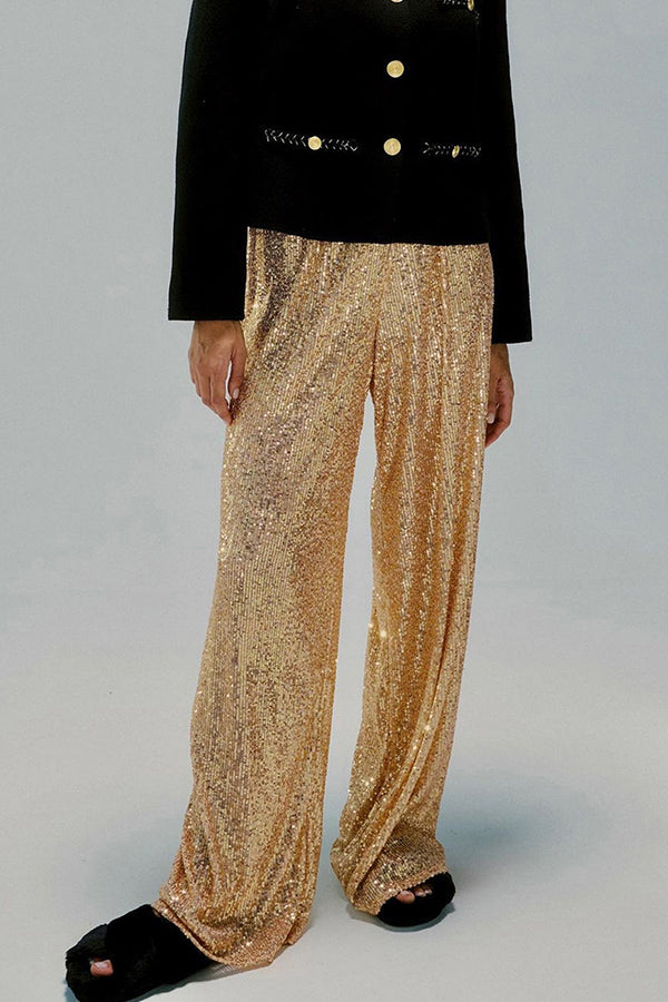 Solid color sequined fashionable casual straight pants Gold