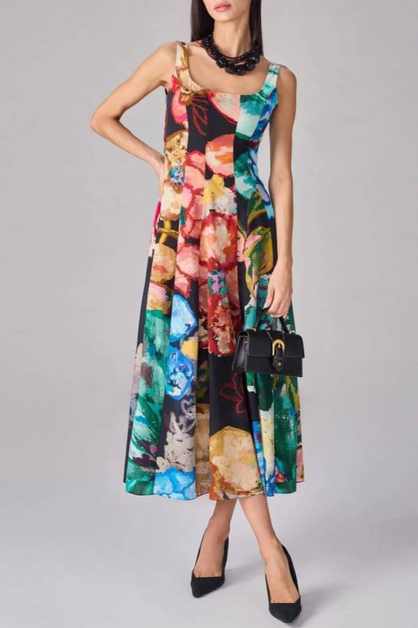 Square Neck Cami Oil‑Painting Floral A‑Line Midi Dress