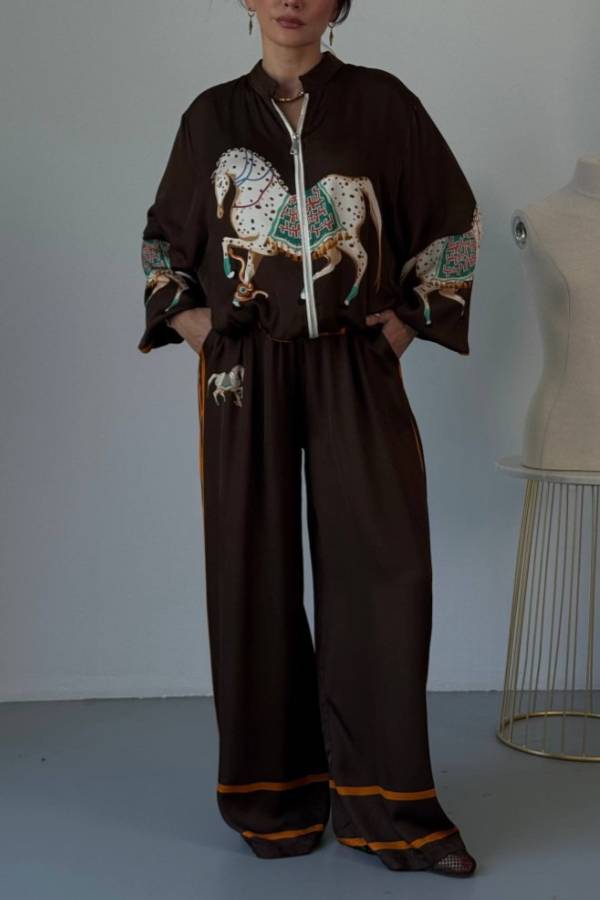 Artistic Satin Colorblock Horse Print Stand Nack Long Sleeve Pocket Zipper Jacket