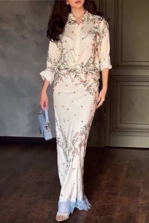 Beige Floral Print Shirt & Lace Hem Maxi Skirt 2 Piece Outfit