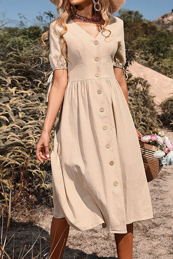 Short-sleeved v-neck solid color cotton and linen dress Beige